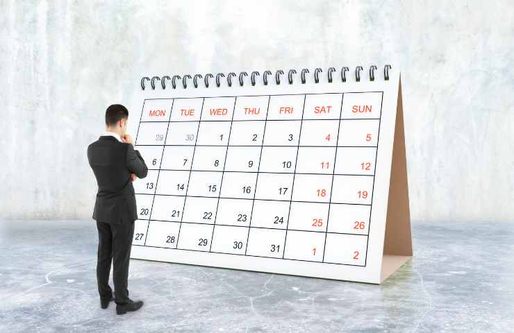 uomo osserva calendario enorme