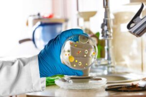 cucina disordinata e mano che mantiene una colonia di batteri